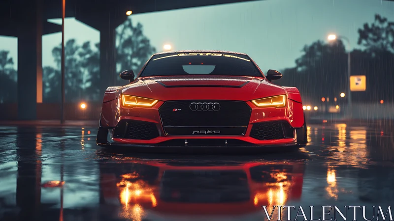Red sports car glowing warmly on a rainy city night.