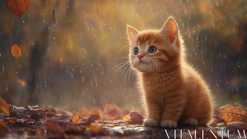 Orange kitten positioned in autumn setting with falling leaves.