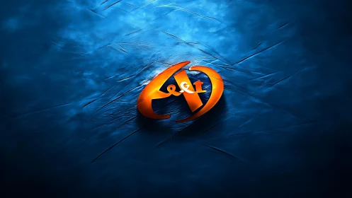 Glossy orange emblem on textured blue illuminated backdrop.