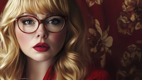 Chromatic portrait of blonde woman with tortoiseshell optics.