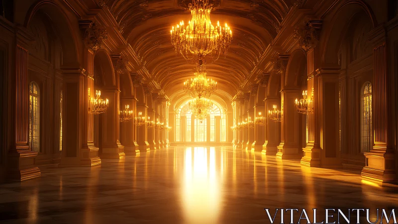 Golden palace hall glows with chandeliers and soft sunlight