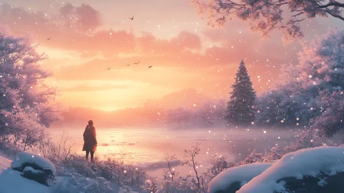 Person stands by frozen lake under vivid winter sunrise sky