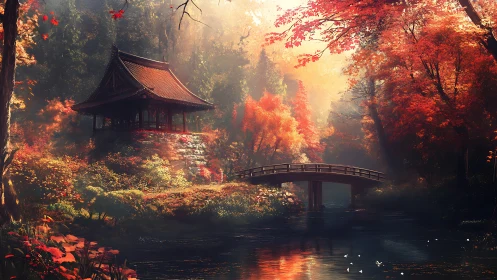 Tranquil Japanese pavilion glows amid luminous autumn forest
