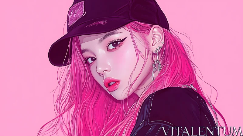 Pink haired girl in black cap with bold streetwear style.