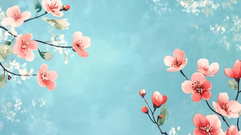 Blushing cherry blossoms drift like whispers across blue