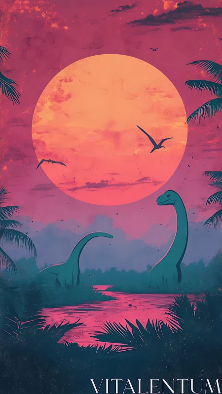Dinosaurs stand near reflective water under large stylized sun