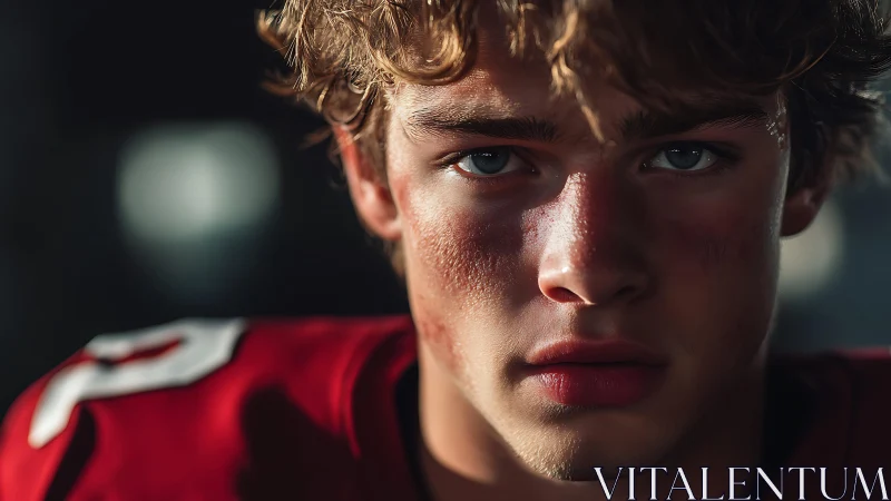 Intense closeup of young football player in red jersey.