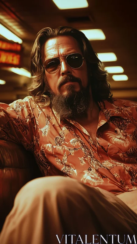 Retro-lit lounge portrait in warm cinematic shallow focus.