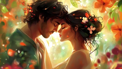 Romantic Couple in Glowing Floral Garden.