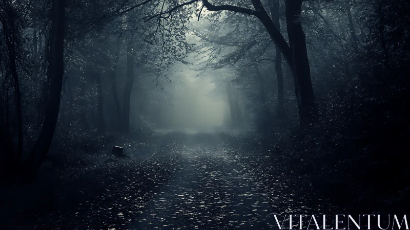 Foggy forest path at night with scattered fallen leaves.