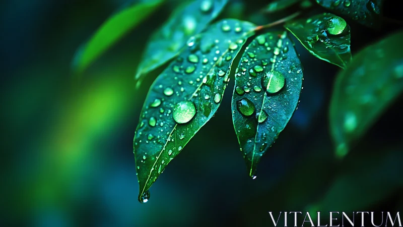 Green leaves with raindrops in sharp macro close-up view.