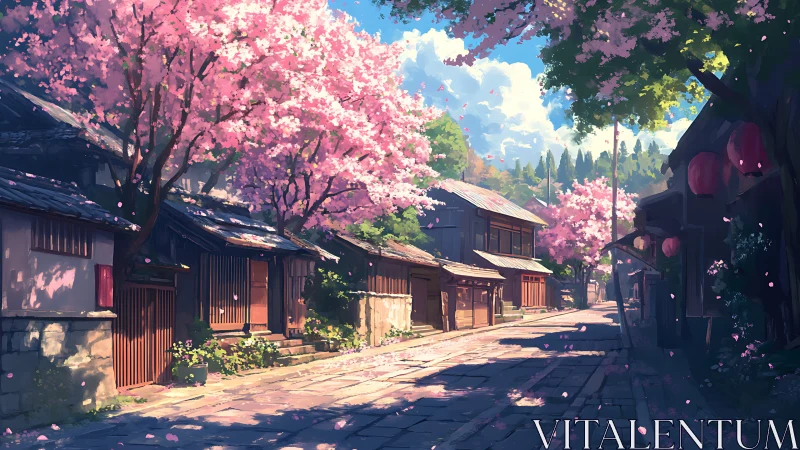 Cherry blossom lane with wooden machiya under directional spring light