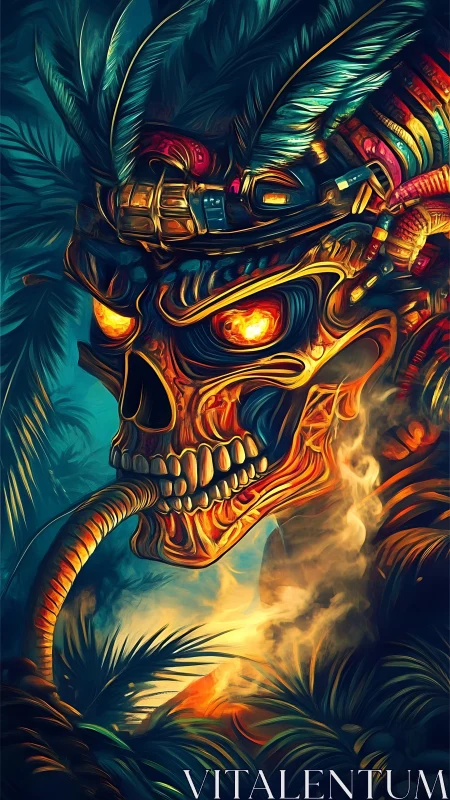 Fiery cyber skull spirit emerging from dense jungle night.