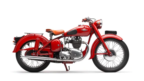 Heritage red classic motorcycle in precise side-elevation profile.