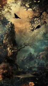 Aerial corvid silhouettes over eroded arboreal spirescape.