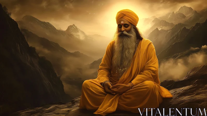 Golden-robed sage meditates in ethereal mountain sunrise