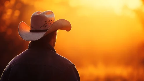Cowboy silhouette resting beneath a golden farm sunset.