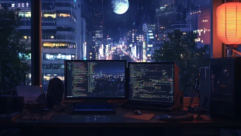 Night coder workstation overlooking neon urban skyline.