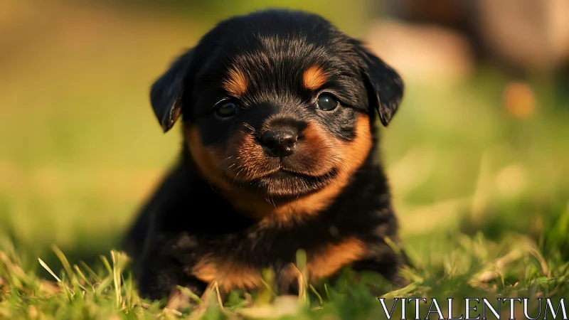 Macro-level portrait of infant dog on sunlit grass field.