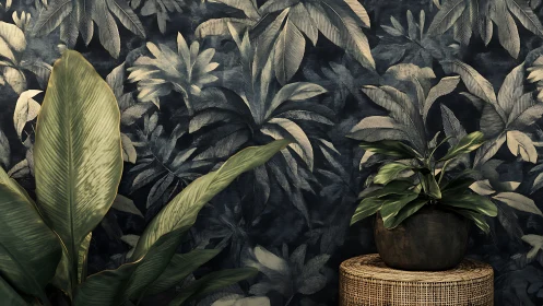 Lush houseplants against moody jungle leaf wallpaper.