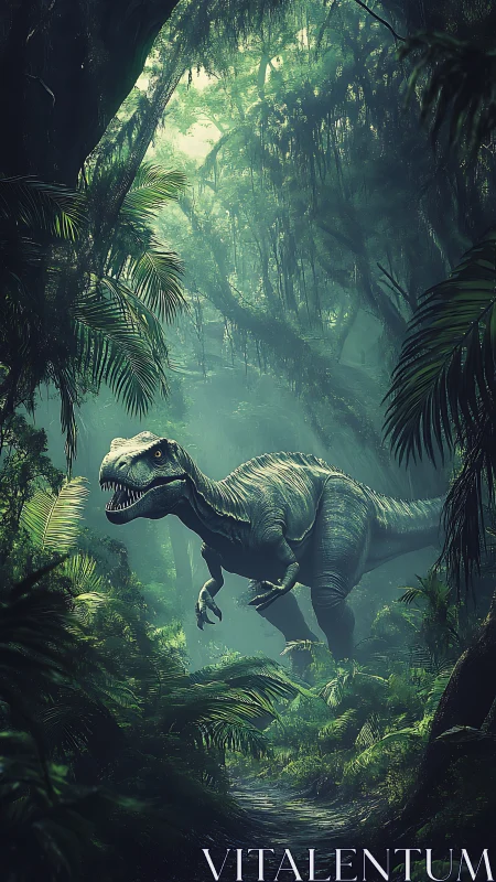 Predatory theropod rendered in misty, high-contrast jungle depth