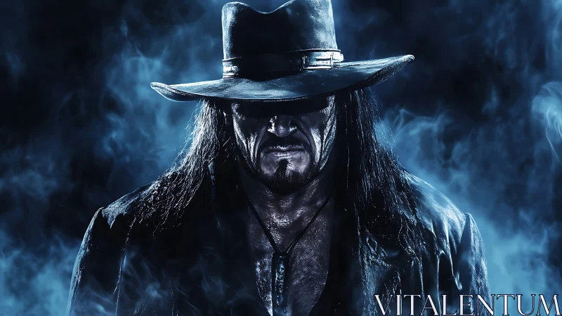 Dark cowboy figure in hat surrounded by blue fog.