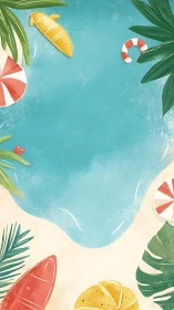 Aerial view of tropical beach with recreational water equipment.