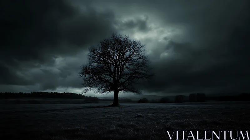 Nocturnal lone tree under storm-laden cumulonimbus sky.