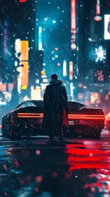 Neon rain crowns a lone driver poised beside his future