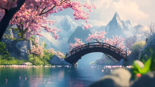 Curved wooden bridge over calm river in cherry blossom valley.