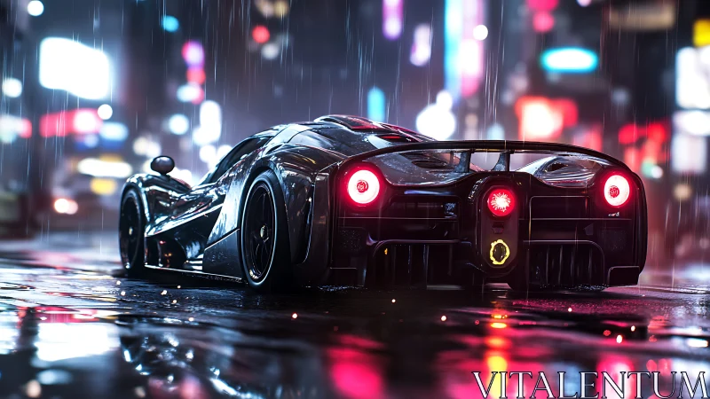Cyberpunk hypercar rear view in neon rain-soaked streets.