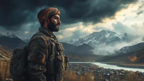 Soldier stands in tactical gear before clouded mountain range