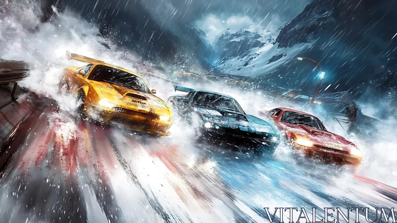 Sports cars drifting through icy mountain highway storm.