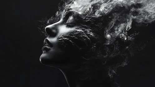 Monochrome side profile merging with dispersed smoke forms.