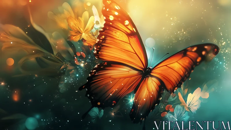 Orange butterfly in stylized floral and light-filled environment.