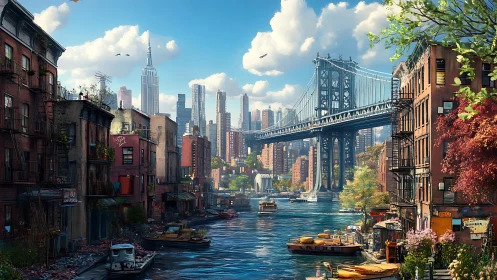 Canal-lined cityscape merges bridge engineering and skyline