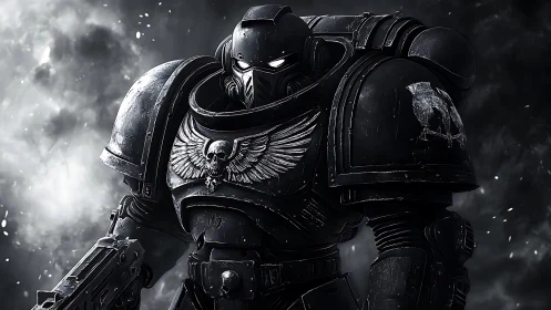 Stoic armored warrior stands ready in a storm of shadows