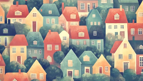 Pastel neighborhood elevation study with stylized gabled houses