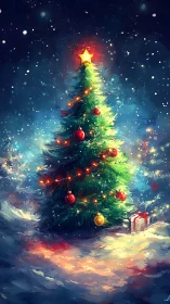 Starlit Christmas tree glows over snowy dreamlit clearing.