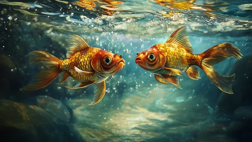 Two worried goldfish trade secrets in a glittering stream