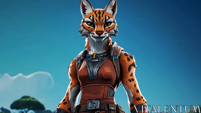 Armored feline warrior stands poised beneath clear skies.