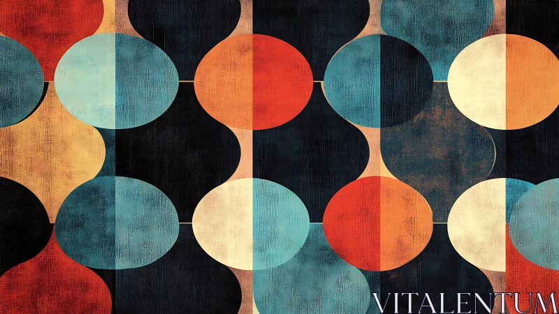 Midcentury geometric circles in warm teal and ochre palette.