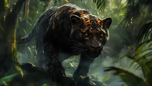 Black Leopard Prowling Through Jungle Mist.