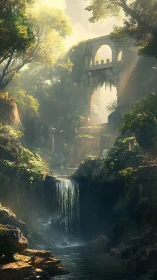 Sunlit ruined aqueduct above lush forest waterfall.