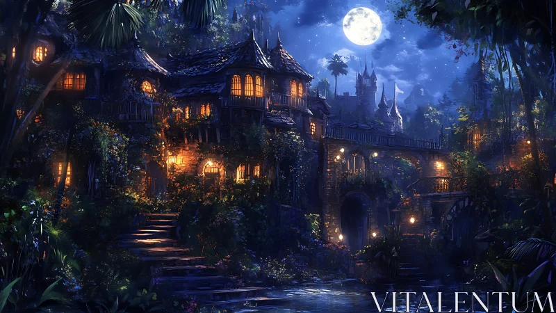 Moonlit forest village shows glowing windows and distant castle