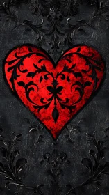 Ornamental Red Heart with Symmetrical Black Arabesque Damask Pattern.
