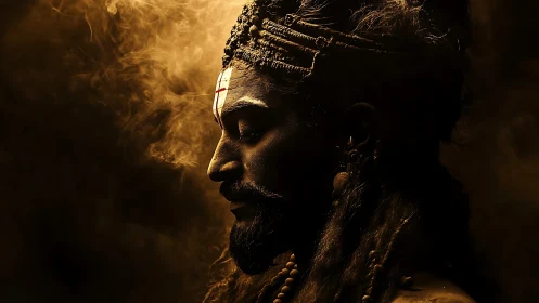 Mystic sadhu profile lit by warm rim light in drifting smoke