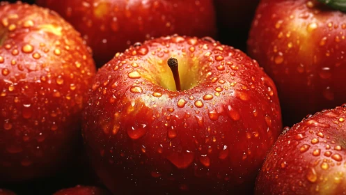Glistening red apples wrapped in fresh morning dewdrops.