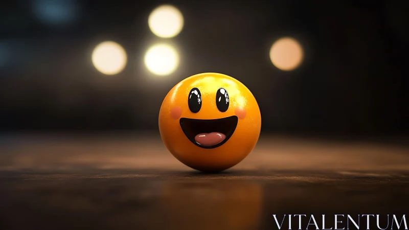 Smiling yellow emoticon sphere rendered with cinematic bokeh lighting