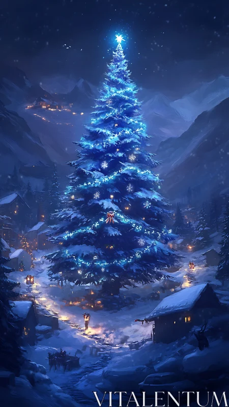 Midnight alpine village crowned by a luminous winter tree.